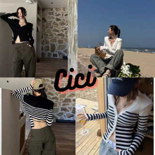 Cici(NO.23687)เสื้อไหมพรมแขนยาวลายทาง เสริมไหล่ เว้าหลัง ดีเทลมีเชือกด้านหลังปรับสายได้ สวยมาก