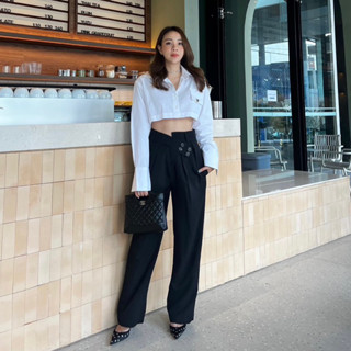 Stripe pocket crop shirt / four button warp pants