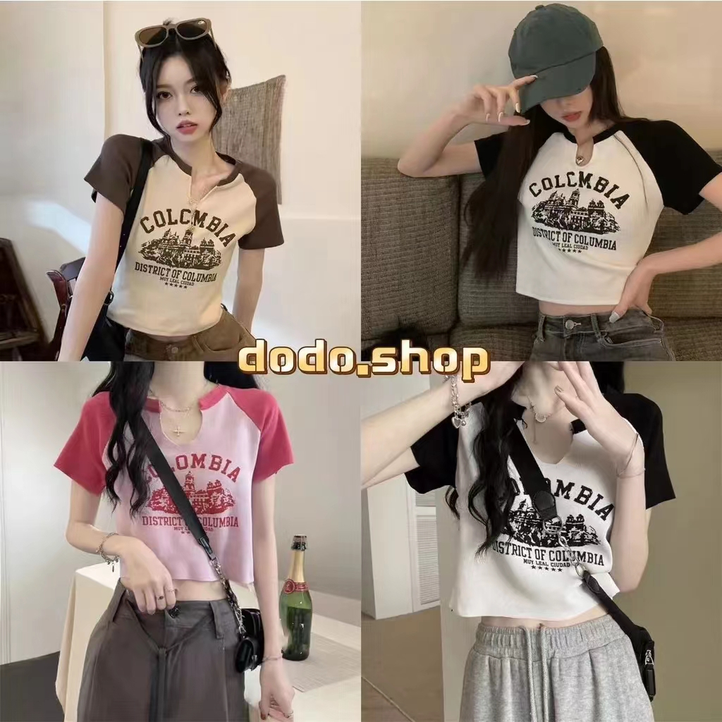 DODO*พร้อมส่ง*เสื้อครอปแขนสั้นคอวีเว้า ผ้าไหมพรม สไตล์เกาหลีน่ารัก (56333)