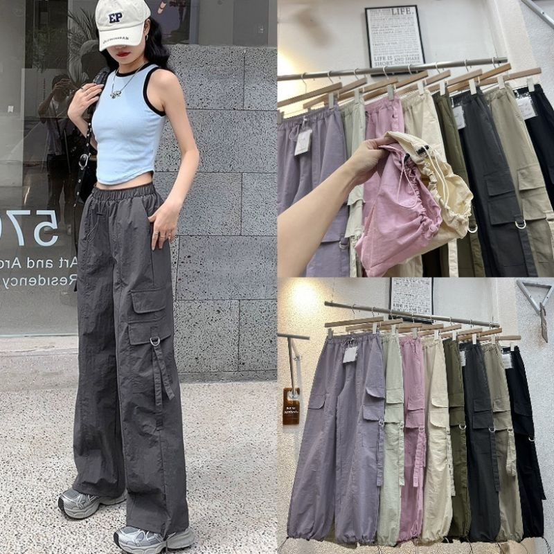 Gang_jeans #2327 📌ผ้าร่ม(โค้ด GANGAPR ลด 45.-)กางเกงขายาว คาร์โก้ ผ้าร่มทรงสวย กระเป๋าข้าง เก็บสะโพก ผู้หญิงพร้อมส่ง