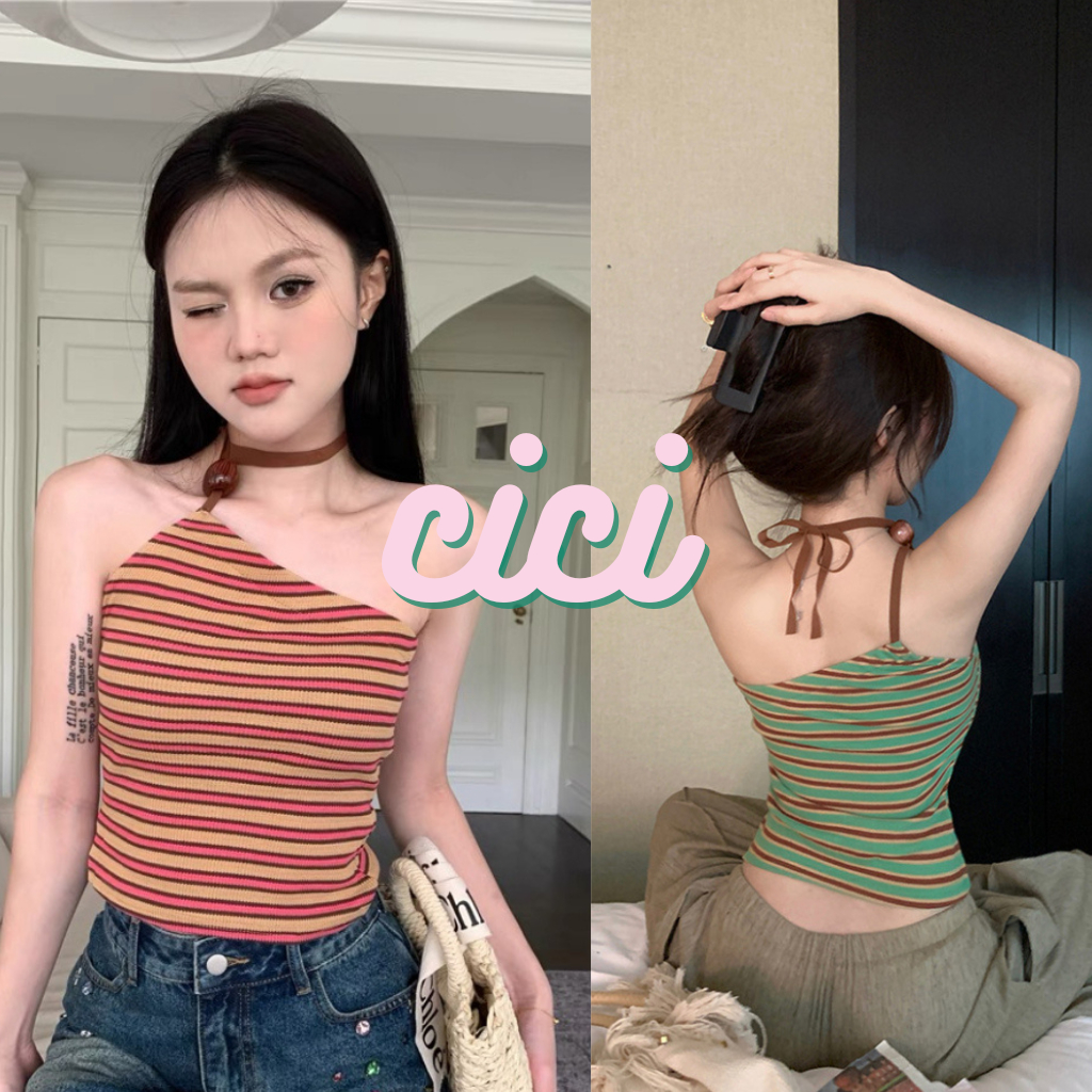 ส่งทันที Cici(NO. 631)เสื้อไหมพรมลายทางดีเทลลูกเล่นคล้องคอ น่ารักมาก ใส่แมทซ์กับชุดไหนก็สวยปังมาก สาวๆควรมี