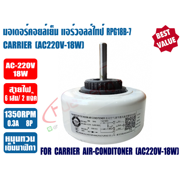 แคเรียร์ มอเตอร์คอยล์เย็น แอร์วอลล์ไทป์ ทดแทน แคเรียร์ CARRIER รุ่น RPG18B-7 ไฟ AC220V 18W หมุนทวนเข็มนาฬิกา
