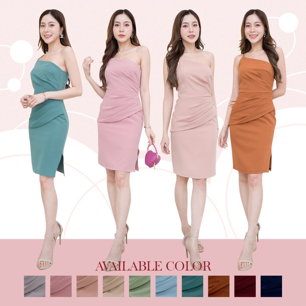 ชุดเพื่อนเจ้าสาว ชุดออกงาน ราตรีสั้น koolykool คอสามเหลี่ยมเฉียง จีบเสื้อเอว kk036
