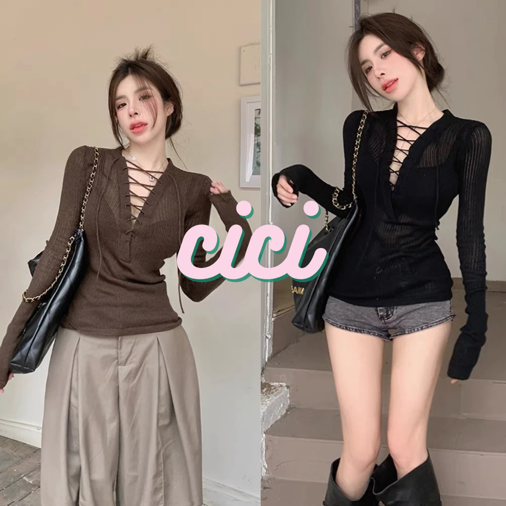 ส่งทันที Cici(NO. 2307)เสื้อไหมพรมแขนยาวสีพื้น ดีเทลผูกเชือกด้านหน้า ใส่สบายแมทซ์ชุดได้เยอะมาก