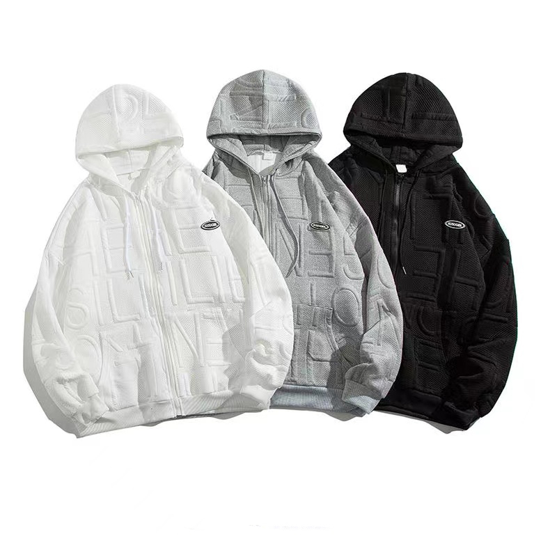 TS MEN เสื้อแจ็คเก็ตคลุมมีหมวก เสื้อหนาวแขนยาวมีหมวก การออกแบบภาษาอังกฤษสามมิติ คุณภาพสูง สีดำ/สีขาว/สีเทา NT51