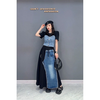 🌈🌿🌼🌺🌸💙🇰🇷Jeans Patch Cotton Long Skirt