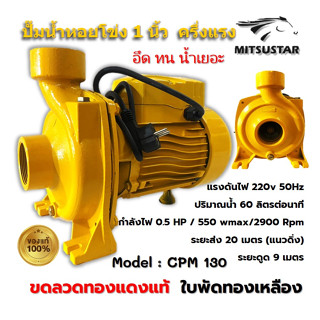 ปั๊มน้ำไฟฟ้า ปั๊มหอยโข่ง ปั๊มน้ำ 1 นิ้ว ครึ่งแรงม้า (220V) ขดลวดทองแดงแท้ 100% ใบพัดทองเหลือง ปั๊มน้ำ 1 นิ้ว 0.5 Hp ยี่ห