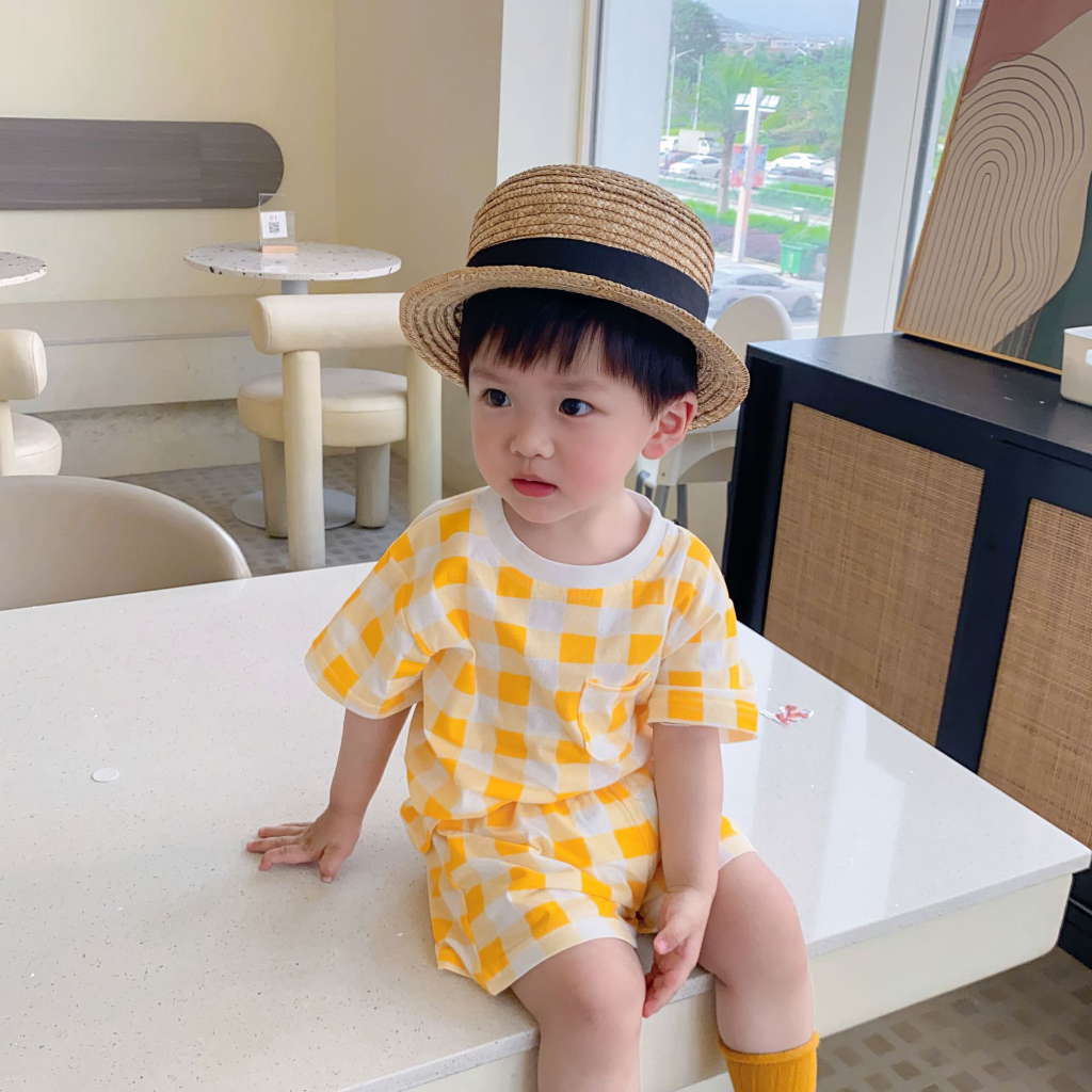 NT​ Baby - ​031 ชุดเด็กผู้ชาย เด็กผู้หญิง เสื้อผ้าเด็กอ่อน แขนสั้น ชุดเซต2ชิ้น เสื้อ+กางเกงลายสก๊อตขาวเหลือง