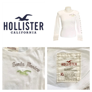 Hollister เสื้อยืด คอกลม แขนยาว ผู้หญิง รัดรูป สีขาว ผ้าบาง ปักนกเขียว สกรีนแขน ไซส์XS