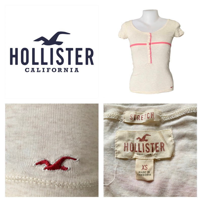 Hollister เสื้อยืด คอกลม รัดรูป ผู้หญิง แขนสั้น สีครีม ปักนกล่าง กระดุมยาว ขีดชมพู