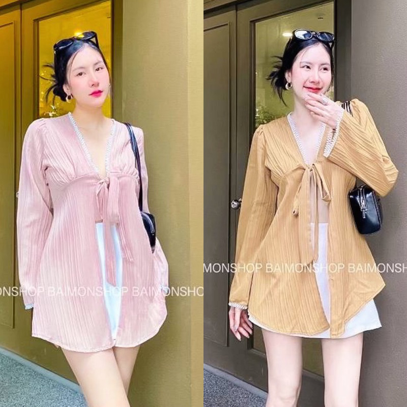 🔥aimorn_shop🔥เสื้อมินิเดรสคอวี แขนกระดิ่ง ผูกโบว์ด้านหน้า แต่งลูกไม้ งานสวยมาก เรียบหรู - รูปที่ 4