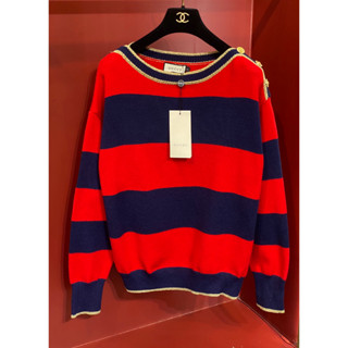 GUCCI STRIPE COTTON SWEATER สเวตเตอร์ เสื้อไหมพรม แขนยาว สีแดงกรม แต่กระดุมไหล่ กุชชี่