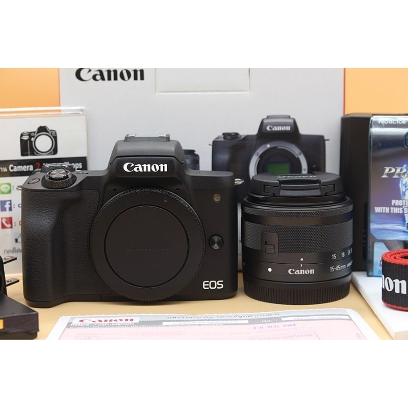 Canon EOS M50 + LENS 15-45mm IS STM (สีดำ) สภาพสวยใหม่มาก เครื่องศูนย์ จอทัชสรีน เมนูไทย อุปกรณ์ครบกล่อง จอติดฟิล์มแล้ว