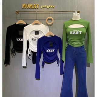 เสื้อแขนยาวสกรีนอกสีขาวดำตัดกับเสื้อ ป้าย Momay