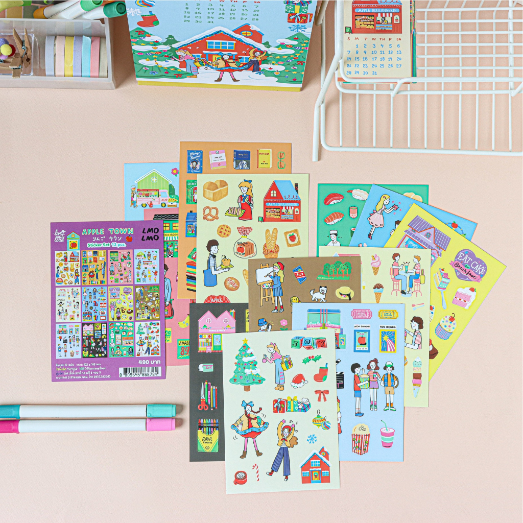 Apple Town Sticker Set 12 pcs. (Live Out Loud x LMOLMO) เซ็ตสติกเกอร์พรีเมียมลายน่ารัก