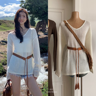 Knit top x belt🤍🤎(520฿ฟรีส่ง) เสื้อตัวยาวคอกว้าง แขนยาว โทนสีพื้น ผ้าถักไหมพรมอย่างดี มีสายหนังคาดเอวมาให้ 1 เส้น wg.we