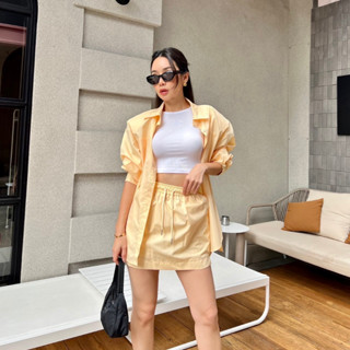 Lalisa999ราคาถูกที่สุด!! Belleito Set เสื้อเชิ้ตแขนยาวทรง oversize+กระโปรงกางเกง
