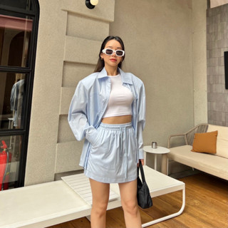 Lalisa999ราคาถูกที่สุด!! Belleito Set เสื้อเชิ้ตแขนยาวทรง oversize+กระโปรงกางเกง