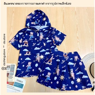 🎋สอบถามก่อนชำระเงิน | ชุดเซ็ต 2 ชิ้น เสื้อมีฮู้ดแขนสั้นติดกระดุมหน้ามาคู่กับกางเกงขาสั้นผ้าด็อบบี้พิมพ์ลายแฟชั่นน่ารักๆ