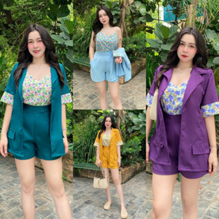 MM18871 Set 3 ชิ้น เสื้อปกสูทแขนศอก + สายเดียวลายดอกไม้ + กางเกงขาสั้น Set of 3 pieces: elbow-sleeved suit collar + one-