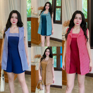 MM18869 Set 2 ชิ้น เสื้อปกสูทแขนกุด ลายสก็อต + จั้มสูทเกาะอกขาสั้น Set 2 pieces, sleeveless suit collar, plaid pattern +