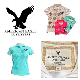 American Eagle เสื้อโปโลคอปก ผู้หญิง แขนสั้น เสื้อมีลาย ปักนก ผ้ายืด