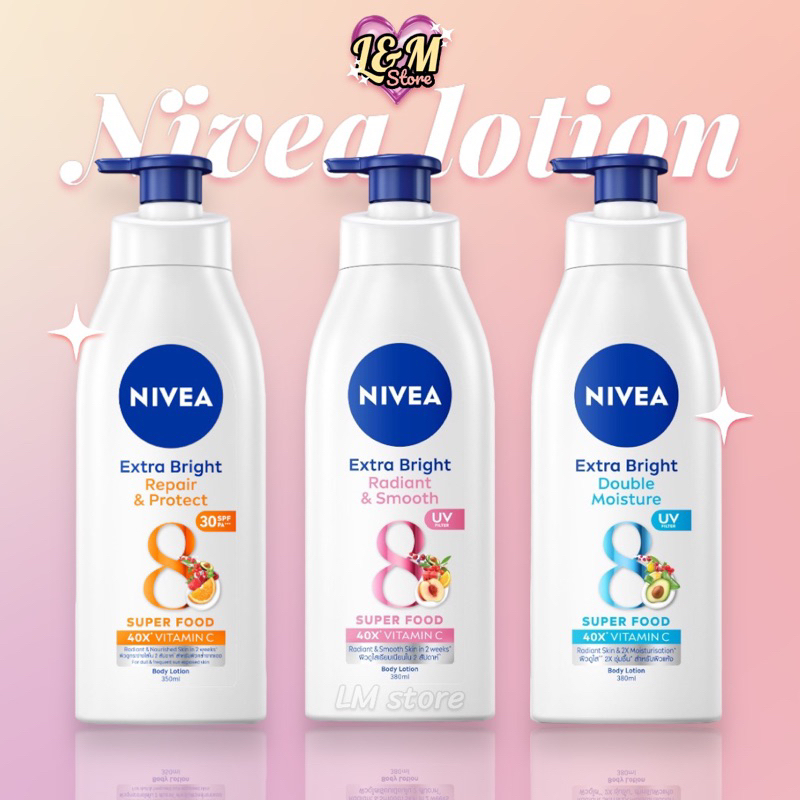 Nevea นีเวีย โลชั่นบำรุงผิวกาย เอ็กซ์ตร้า ไบรท์  กันแดด/สมูทบอดี้/มอยส์เจอร์ 380/350 มล. NIVEA lotio