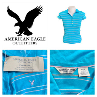 American Eagle เสื้อคอปก รัดรูป ผู้หญิง ลายขวาง ผ้าบางยืด มีไซส์