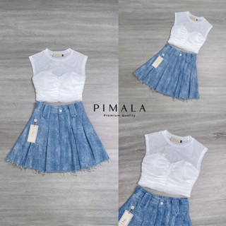 ️Pimala Brand️  เซ็ทเสื้อแขนกุดซีทรูสีขาวสไตล์ลูกคุณมาคู่กับกระโปรงเอวสูง