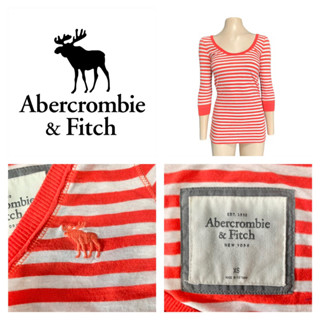 Abercrombie&amp;Fitch เสื้อยืดคอกลม คอกว้าง แขน4ส่วน ลายขวางแดง/ขาว ปักกวางอกซ้าย