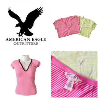 American Eagle เสื้อยืด รัดรูป ผู้หญิง แขนสั้น ลางขวาง กระดุมยาว