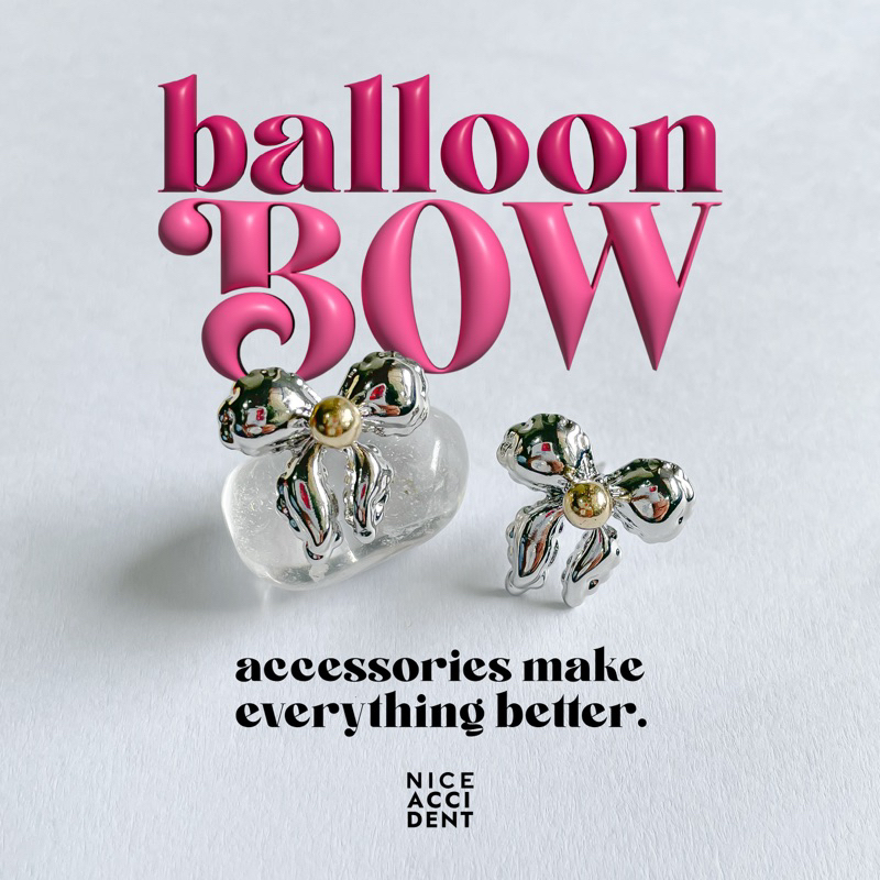 Nice Accident รุ่น ‘Balloon Bow Set’ | เซ็ตต่างหู 2 คู่ โบว์และคริสตัล (Bow & Crystal Stud Set)