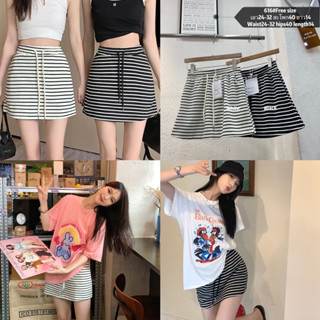 กระโปรงสั้นเอวสม็อค+เชือกผูก แถมซับใน ผ้าลายเส้นขาว-ดำ