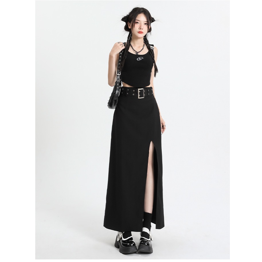 Cicishop(2633)กระโปรงยาวทรงเอผ้าโพลีเอสเตอร์ ดีเทลผ่าข้างสูงชิคๆ ใส่แล้วดูขายาวสุดๆ(แถมเข็มขัดหนัง) รูปที่ 3
