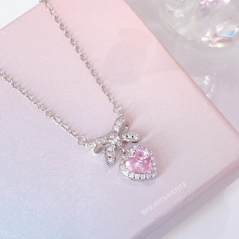 💗ลด 80.-💜โค้ดหน้าร้าน 💒 ไม่ใช่งานแฟชั่น ! 💗 BowBie Love สร้อยคอชุบเงินแท้92.5% สร้อยคอหัวใจ สร้อยคอโบว์(30)คริสตัลสีชมพู