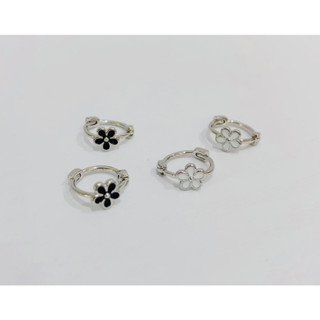 340-Flower Hoop 925 sterling silver needle ต่างหูห่วงกลมแบบล็อค ด้านหน้าเป็นรูปดอกไม้ ก้านเงิน 92.5