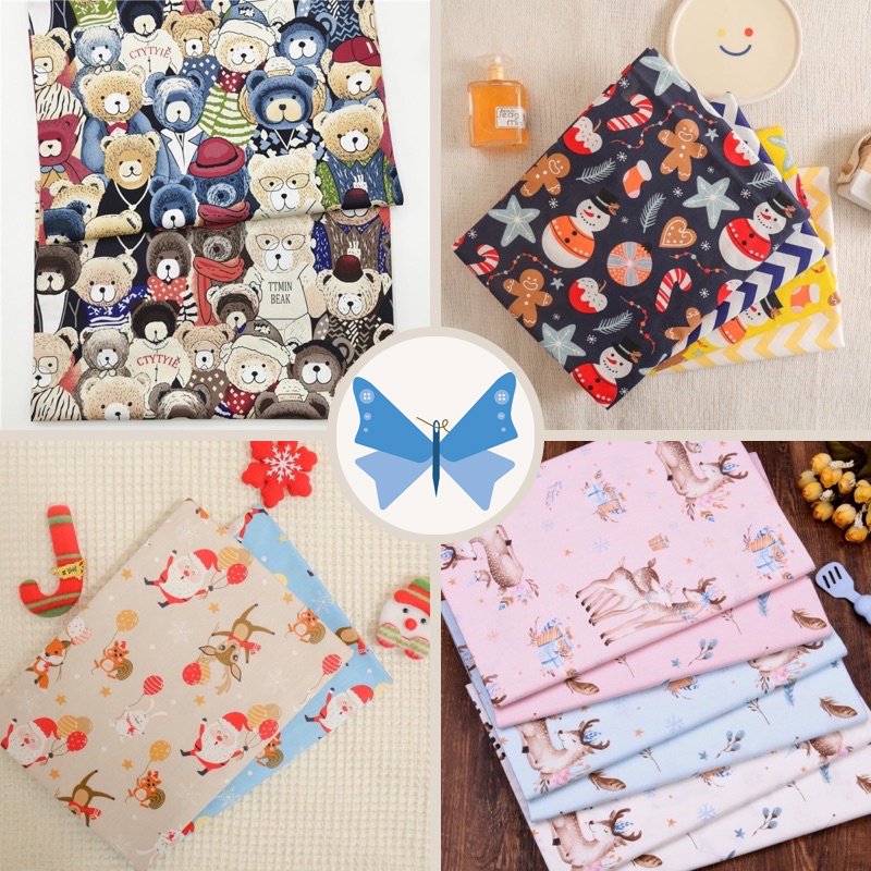 ผ้าคอตตอน 100% พิมพ์ลาย เท็ดดี้ กวาง ซานตาคลอส คลื่นเหลือง ทอทวิล หน้ากว้าง 160 ซม.หรือ 63 นิ้ว
