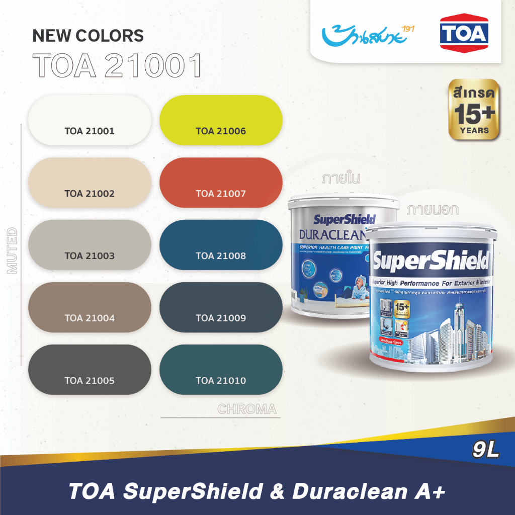 TOA สีทาบ้าน เฉดสี 21001 SuperShield,Duraclean A+ กึ่งเงา 9 ลิตร สีทาภายนอก สีทาภายใน จับคู่ลงตัว เก