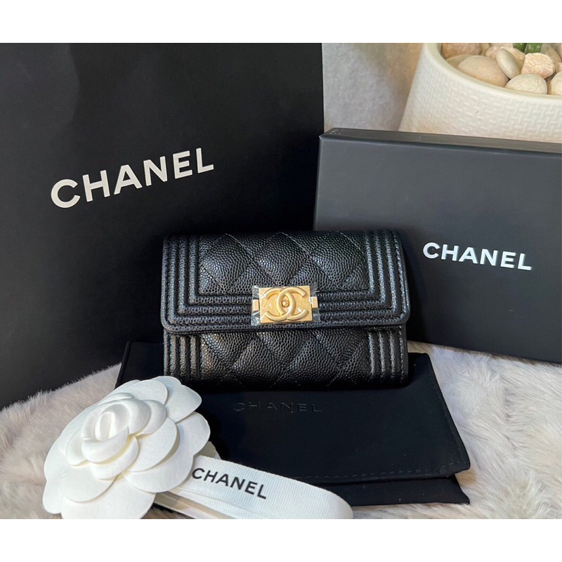 Keep Chanel Boy Flap Card Holder Wallet  With Gold-Tone  ซิป 2023 ซื้อเก็บ
