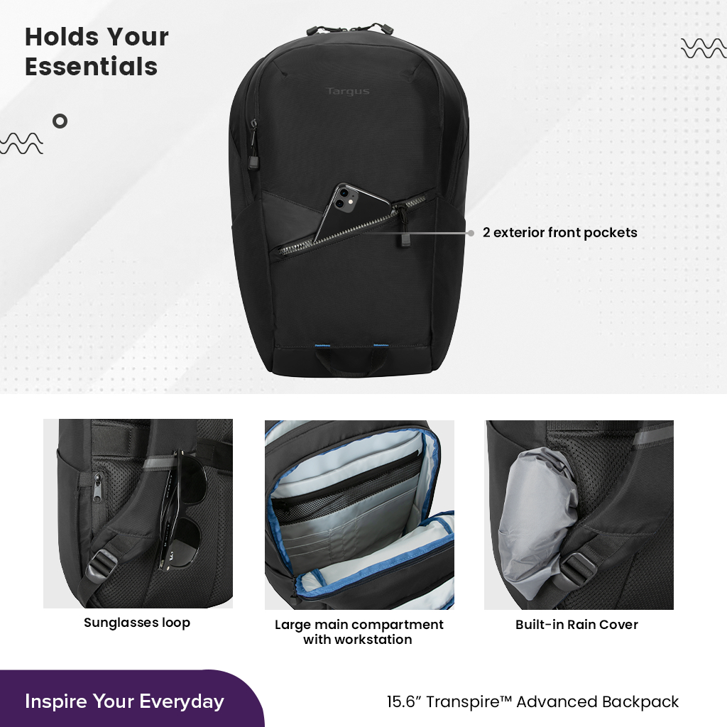 Targus Transpire Advanced Backpack (TBB633) กระเป๋าเป้สำหรับโน๊ตบุ๊ค 15.6" สไตล์สปอร์ต น้ำหนักเบา ใช้งานได้หลากหลาย