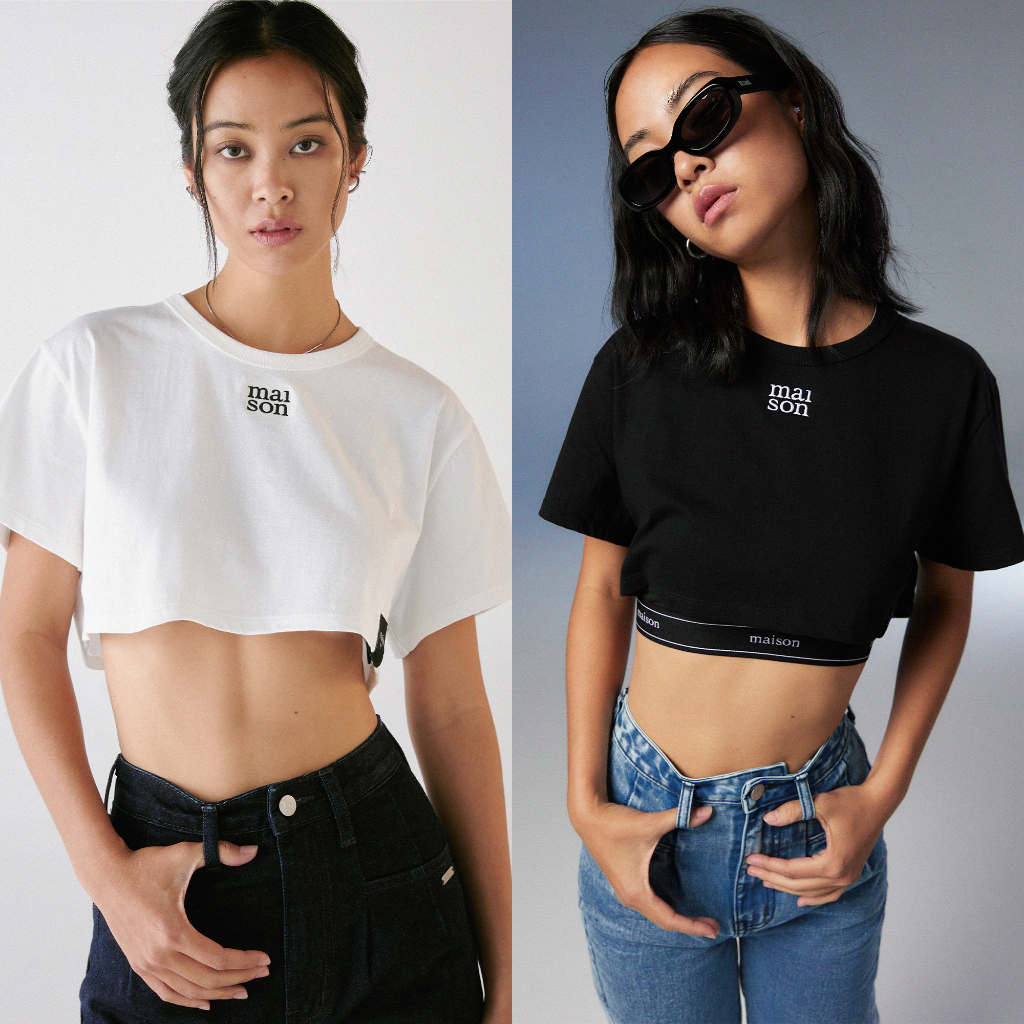 maison KEEPS | Midnight Cropped "dual maison" Tee เสื้อยืดครอป ปักโลโก้