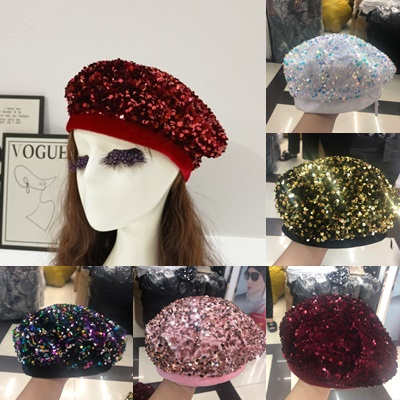 👒พร้อมส่ง💗หมวกทรงเบเร่ต์ผ้ากำมะหยี่ตกแต่งปักเลื่อมเวอร์ชั่นเกาหลีอินเทรนด์