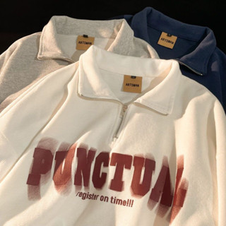 Fashion เสื้อเเขนยาวโอเวอร์ไซส์ สกรีนลายPunctual คอปกโปโล สไตล์เกาหลี ผ้าคอตตอน เหมาะกับกับทุกอากาศ PL309