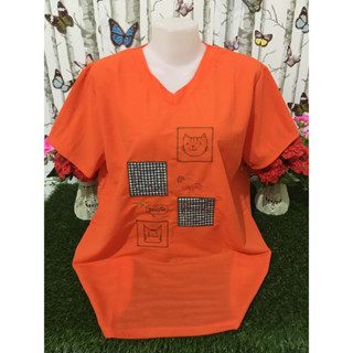 เสื้อยืดผู้หญิง สาวอวบ  เสื้อผ้าผู้หญฺิง แขนสั้น คอวี รอบอก 48-50นิ้ว ลายปักการ์ตูน  รุ่น9219.6