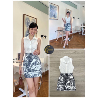 Set2ชิ้นเสื้อเชิ้ตแขนกุด+กระโปรงพิมพ์ลาย Tag::Blossom brand