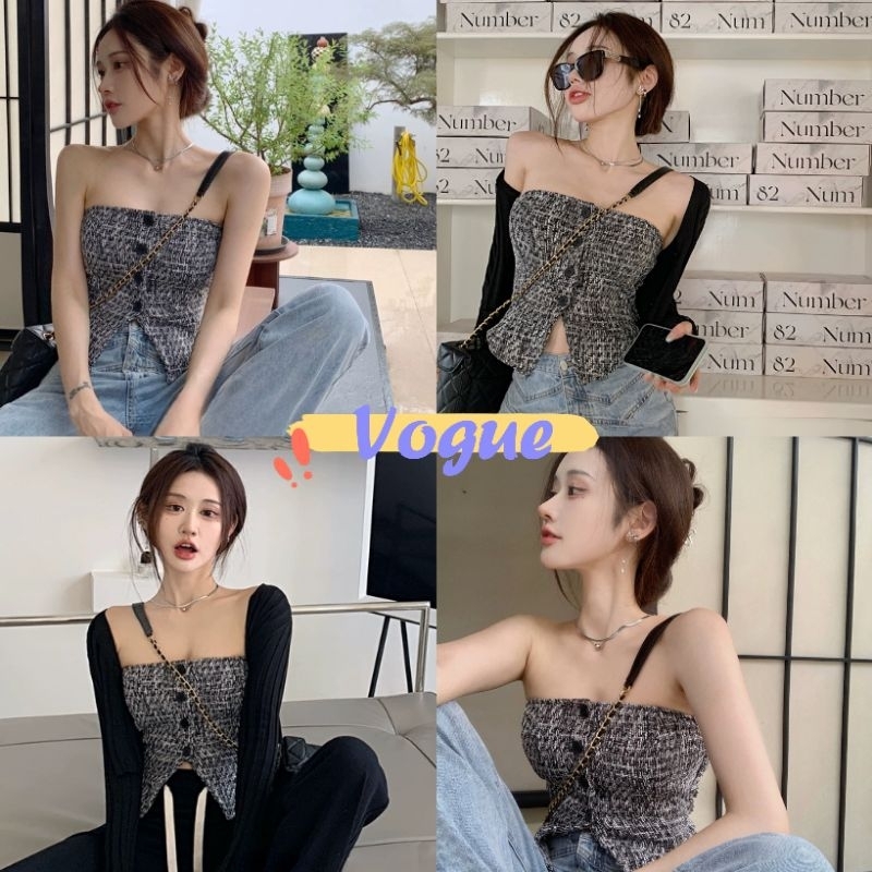 Vogue พร้อมส่ง เสื้อเกาะอกไหมพรม กระดุมด้านหน้า สีดำเท่ (J235)