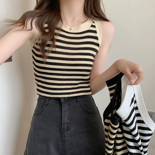 ส่งทันที Cici(NO. 25053)เสื้อกล้ามไหมพรมลายทาง/สีพื้นคอกลม ทรงเบสิคน่ารักแมทซ์ง่าย
