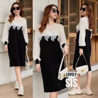 เดรสไหมพรมแขนยาวผ้าเนื้อบาง ดีไซน์ทอผ้า knit ด้านบน เย็บต่อปขนผ้าชีฟอง