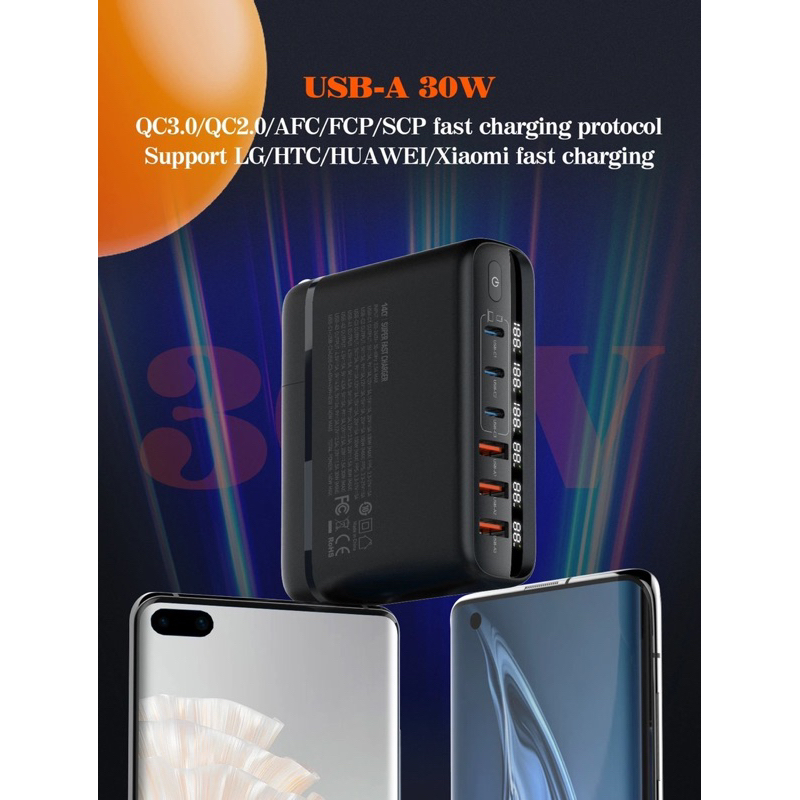 ปลักชาร์จLDNIO A6140CLED Display GaN Tech6 Ports Multi 140W GaN SuperFastChargingforLaptopDesktopCha