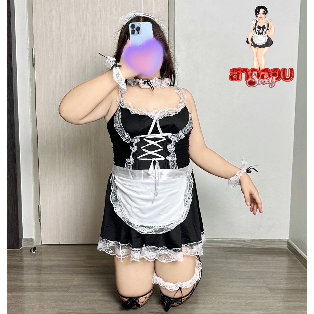 SUPER SEXY  ชุดนอนไม่ได้นอนสาวอวบ ชุดนอนคนอ้วน เมดแม่บ้าน ลูกไม้ ติดโบว์ริบบิ้น M-026